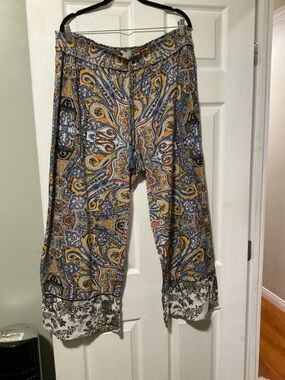 Boho Paisley Print Wide-Leg Pants - Blue & Mustard